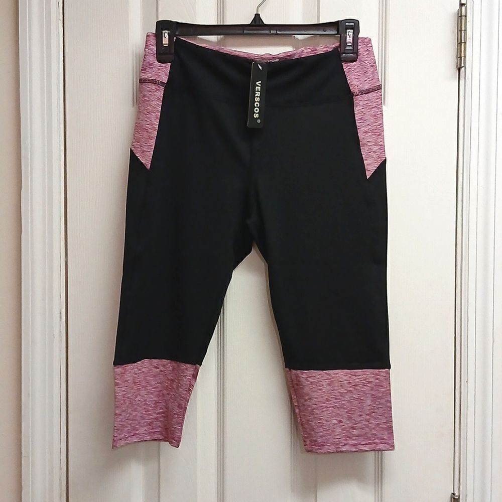 🔟VERSCOS Elastic pull on Capri Women's Leggings Fuchsia/Black Size L NWT